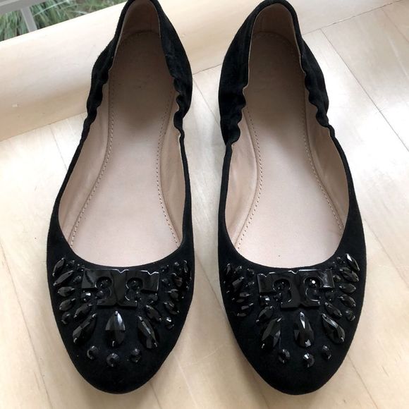 Tory Burch Shoes - Tory Burch Delphine Crystal Logo Flat, Black Suede